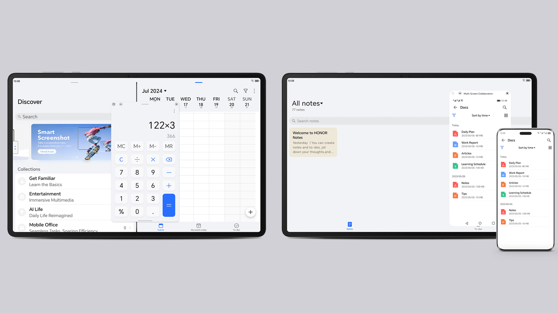 Zwei Tablets zeigen einen Taschenrechner und einen Kalender neben einem Telefon mit Notizen-App, das die Multi-Screen-Kollaboration zeigt.