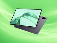 Ein schlanker Tablet-PC vor einem grünen Hintergrund, der sein Design und seinen Bildschirm zeigt.