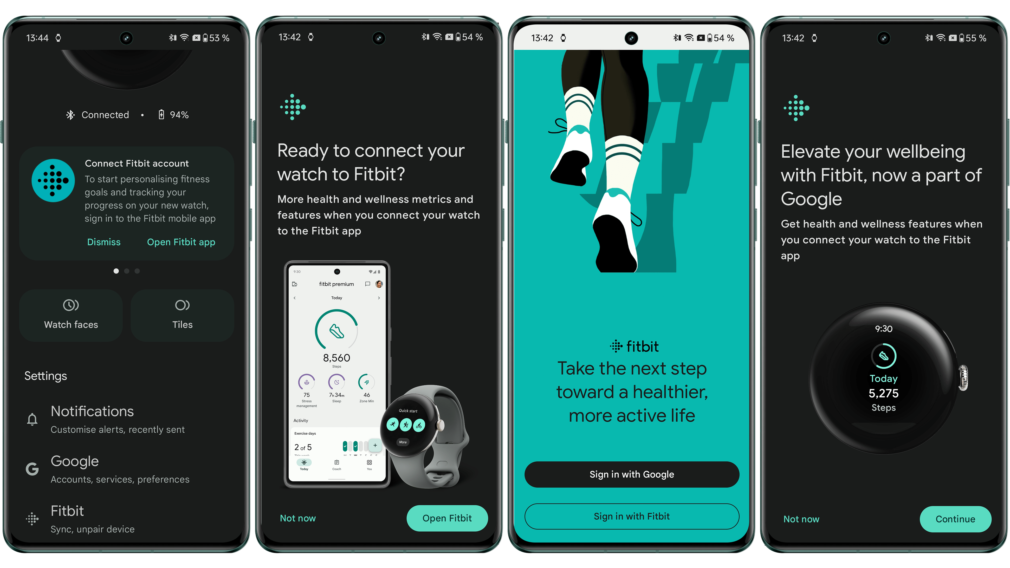 Screenshots zur Verbindung zwischen der Pixel Watch und einem Android-Smartphone