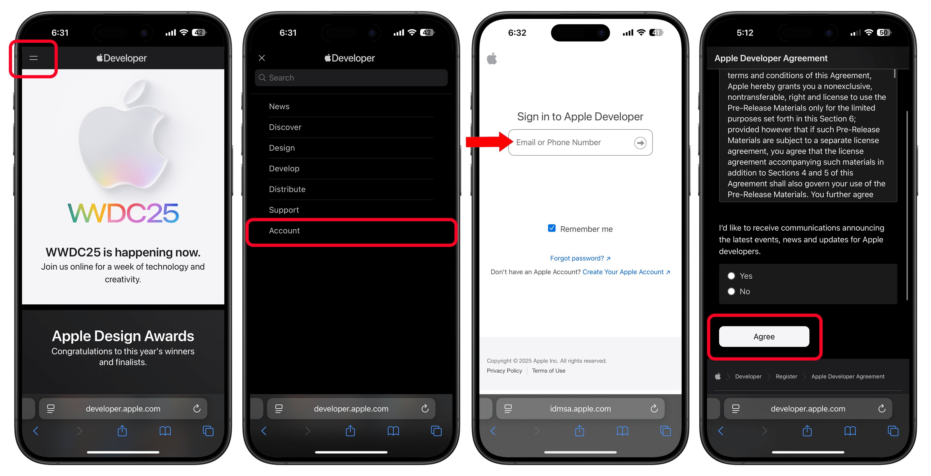 Screenshots der Apple Developer-Website, die den Kontoanmelde- und Vereinbarungsprozess zeigen.