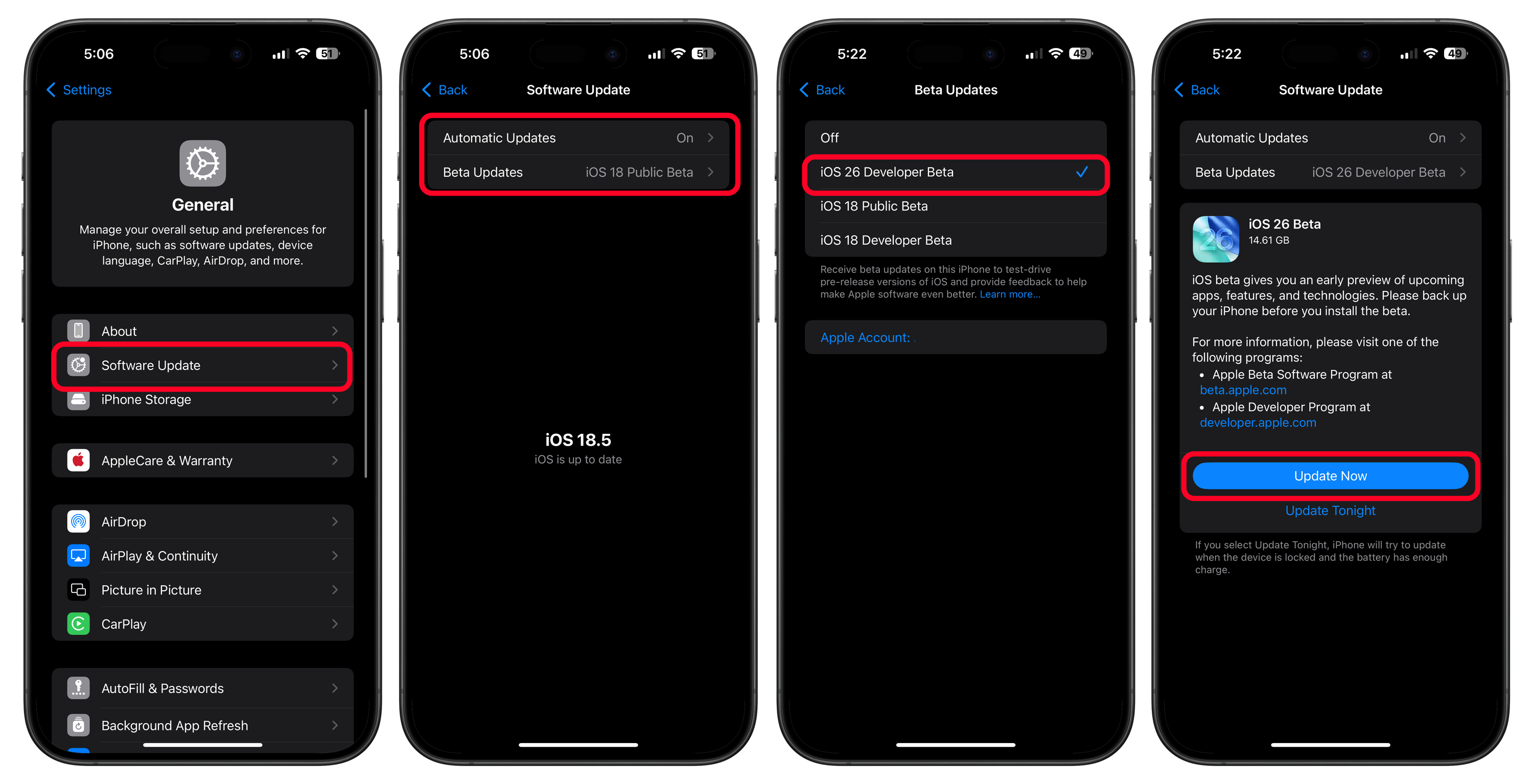 Bildschirm eines iPhones mit iOS 26 Developer Beta und Software-Update-Optionen.