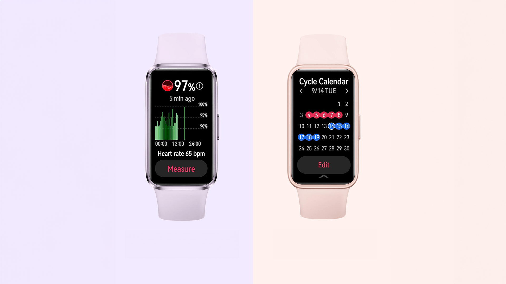 Huawei Band 10 zeigt Herzfrequenz und Sauerstoffwerte links und den Zykluskalender rechts. Huawei Band 10 zeigt Herzfrequenz und Sauerstoffwerte links und den Zykluskalender rechts.