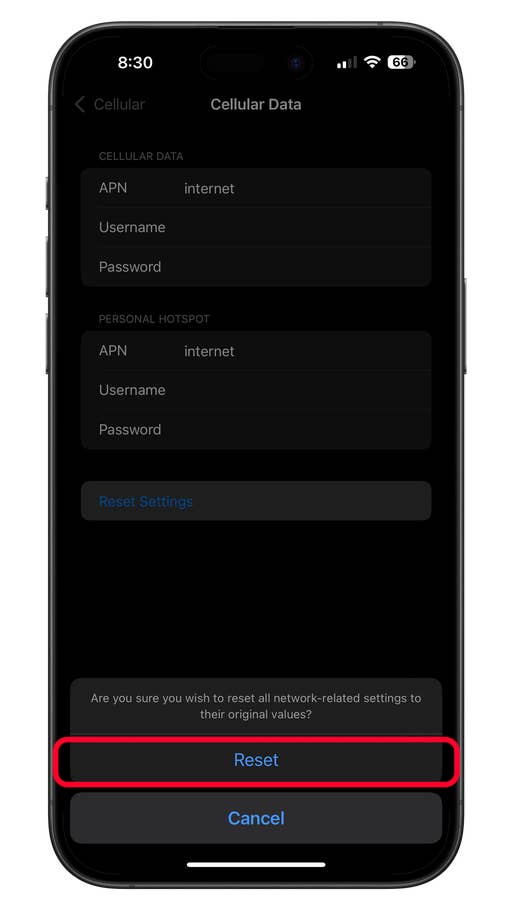 Zurücksetzen eines APN oder eines zellularen Datennetzes auf dem iPhone