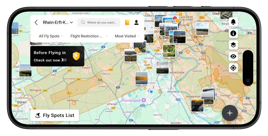 Kartenansicht mit Flugplätzen im Rhein-Erft-Kreis und Optionen zur Filterung und Überprüfung von Flugbeschränkungen.