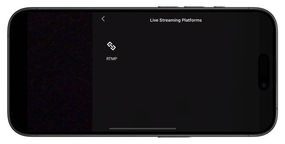 Ein Smartphone-Bildschirm zeigt ein Menü für die Einstellungen von Live-Streaming-Plattformen mit RTMP-Option.