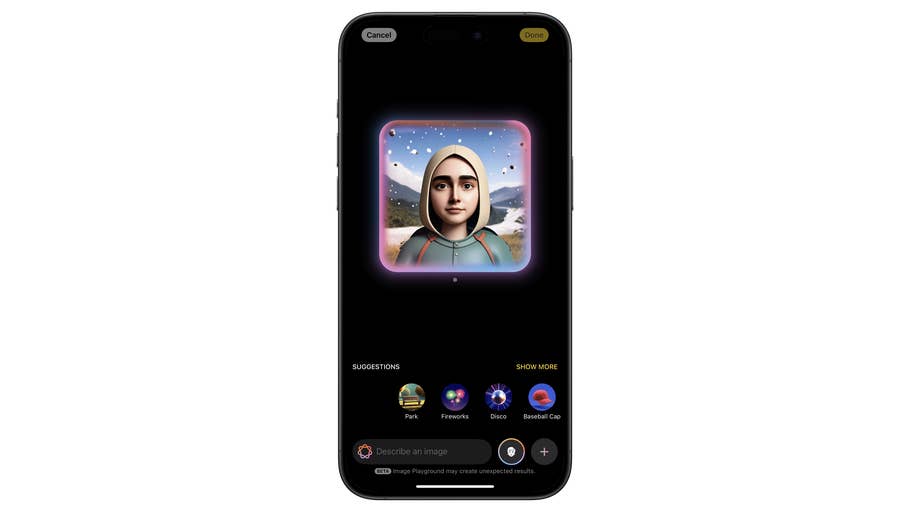 Ein Smartphone zeigt einen digitalen Avatar mit einem schneebedeckten Landschaftshintergrund und Anpassungsvorschlägen.