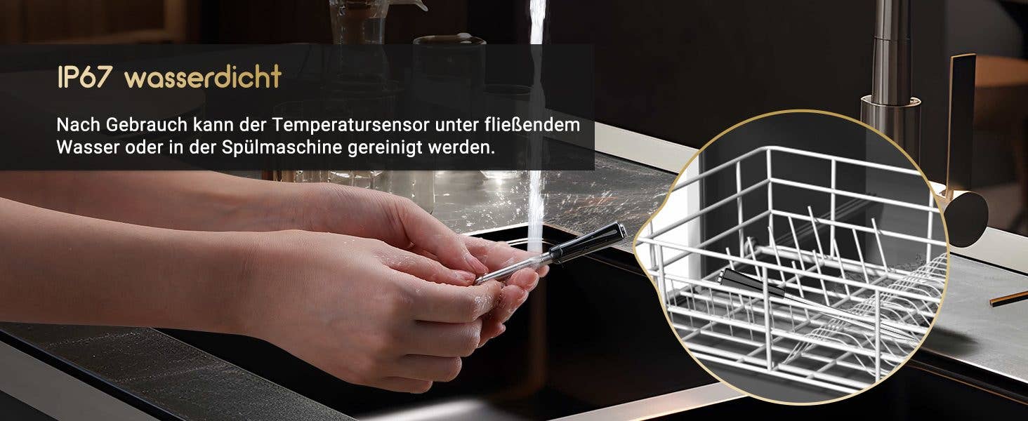 Grillthermometer wird unter der Spüle abgewaschen