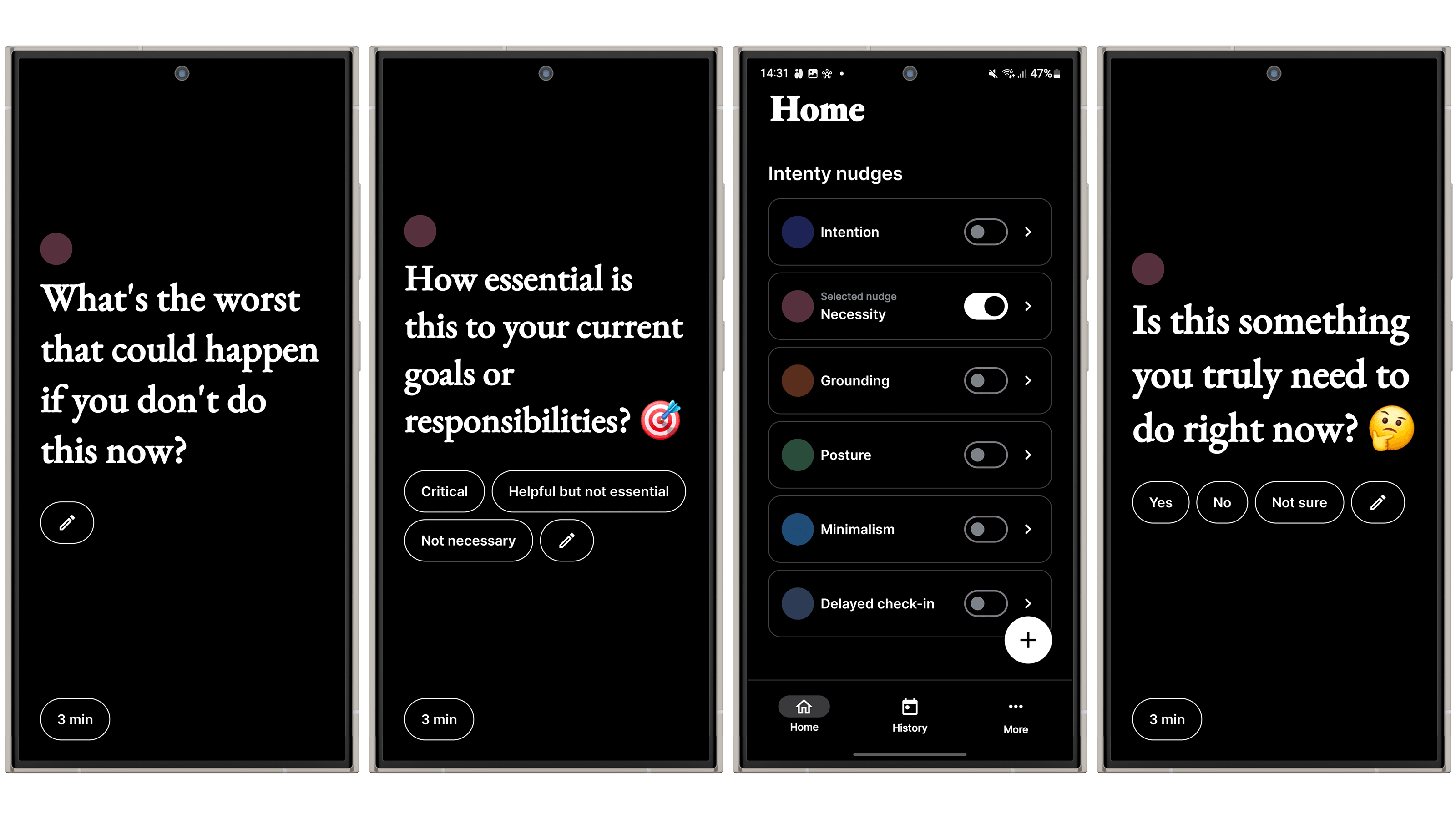 Vier mobile App-Bildschirme zeigen Eingabeaufforderungen zur Priorisierung von Aufgaben und Zeitmanagement.
