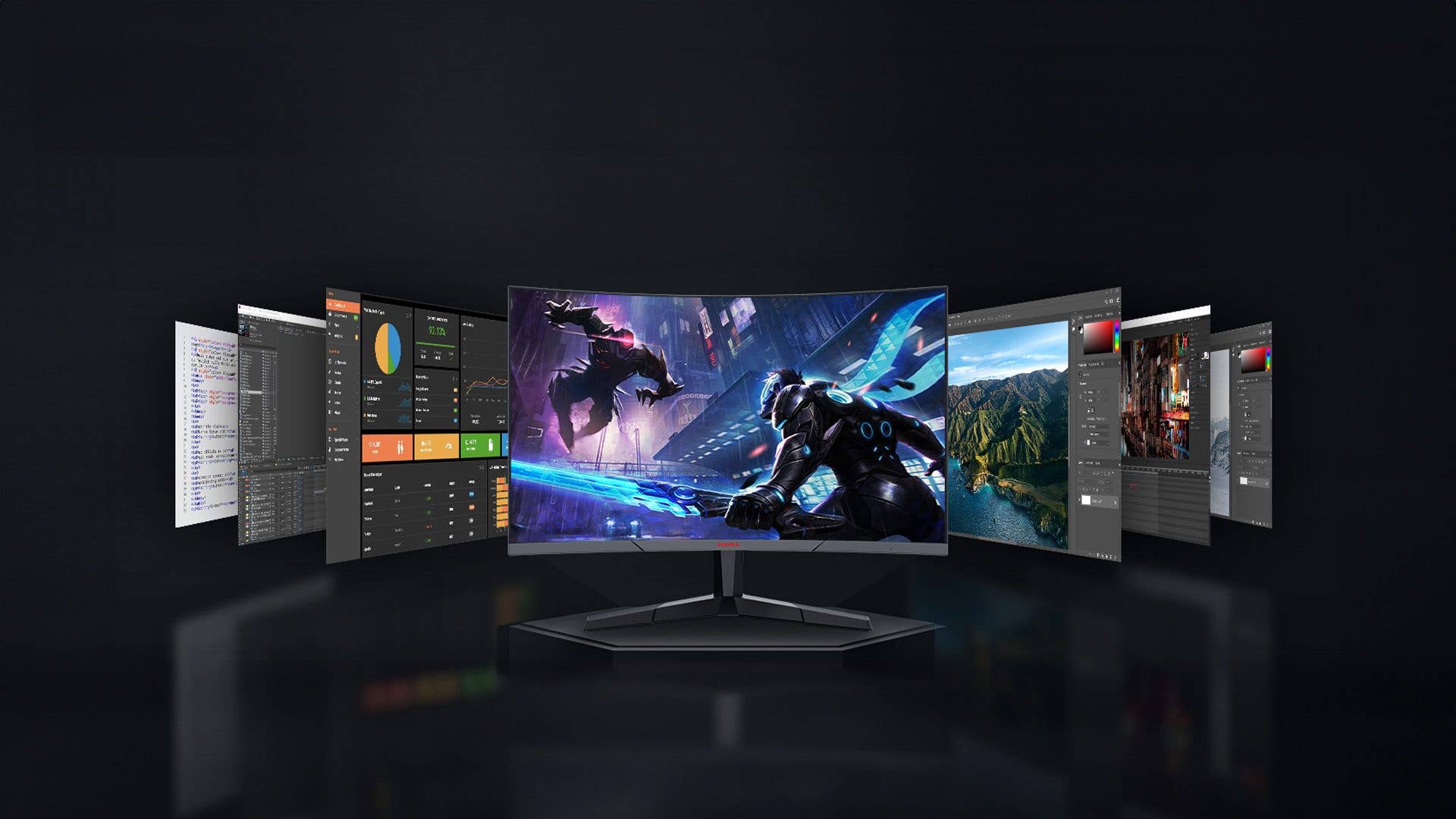 Krummer Gaming-Monitor, der eine lebendige Spielszene mit mehreren Anwendungsfenstern zeigt.