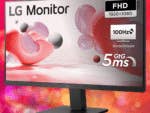 LG Monitor mit FHD 1920x1080, 100Hz Bildwiederholrate und 5ms Reaktionszeit vor einem bunten Hintergrund.