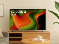 Ein LG OLED-Fernseher, der farbenfrohe abstrakte Kunst zeigt, in einem modernen Wohnzimmer.