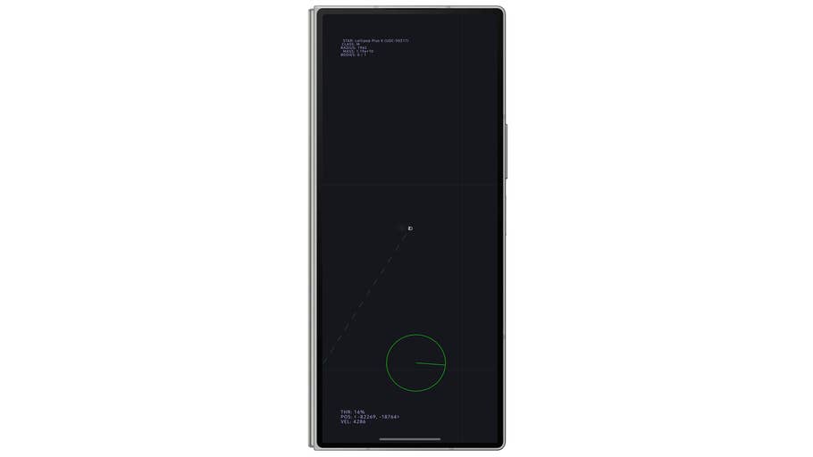 Ein Android-Smartphone, das eine dunkle Benutzeroberfläche mit geometrischen Formen und Textinformationen anzeigt.