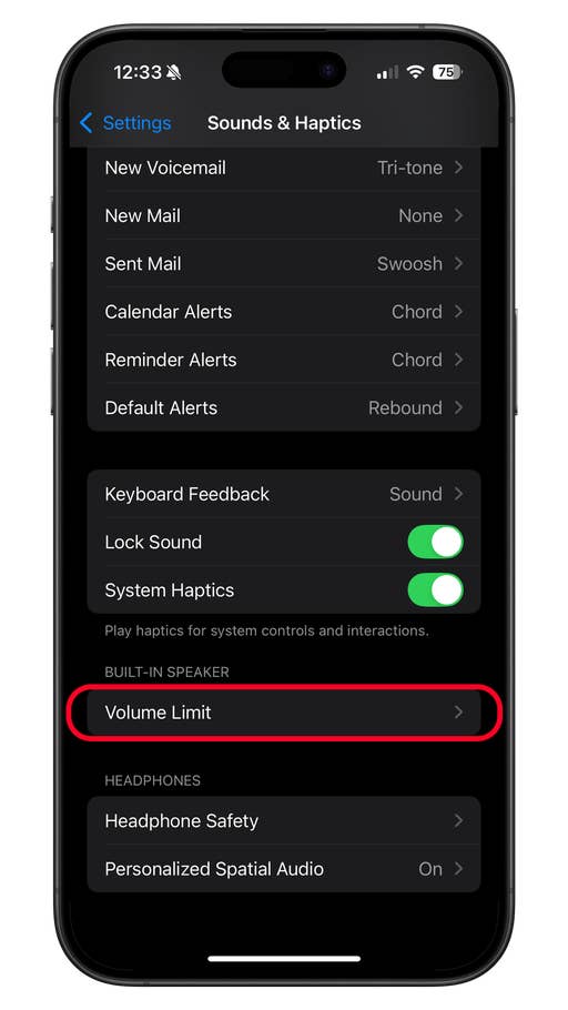 Das Menü „Einstellungen“ auf einem iPhone zeigt die Optionen für „Sounds u0026 Haptik“.