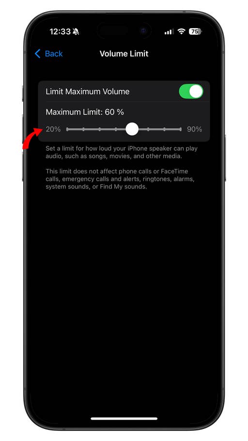 iPhone-Bildschirm mit den Einstellungen für die Lautstärkebegrenzung.