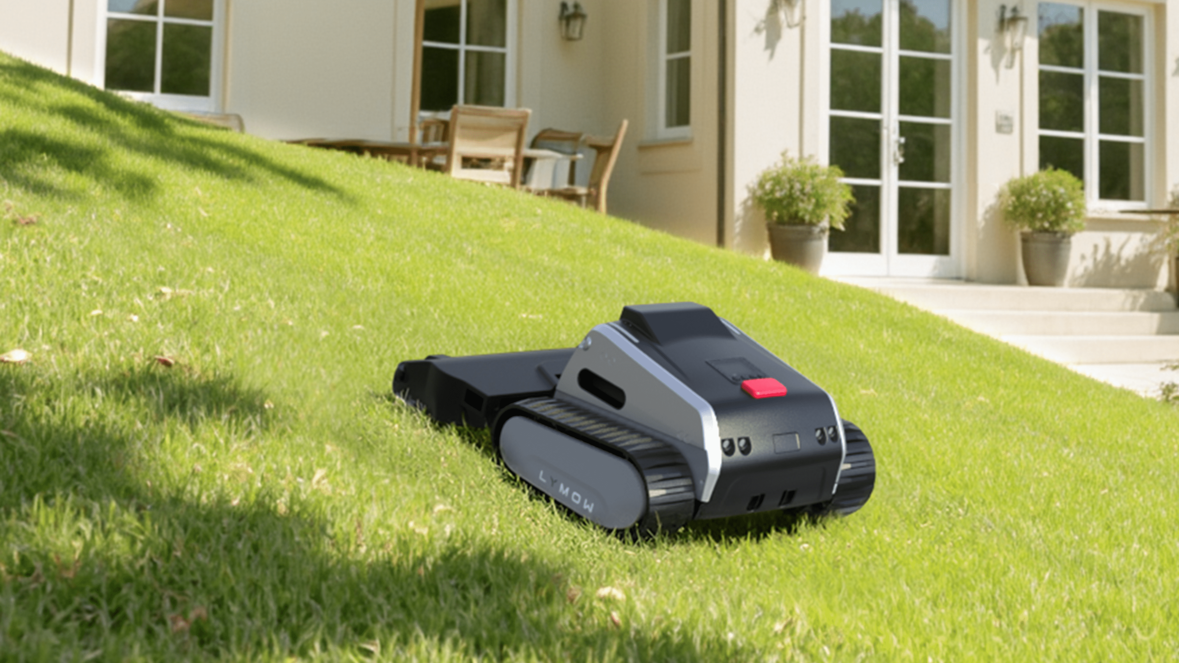 Ein Rasenmäher-Roboter namens Lymow One auf einem Rasen vor einem Haus.