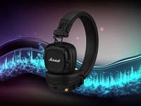 Schwarze Marshall Major V Kopfhörer vor einem bunten Klangwellen-Hintergrund.