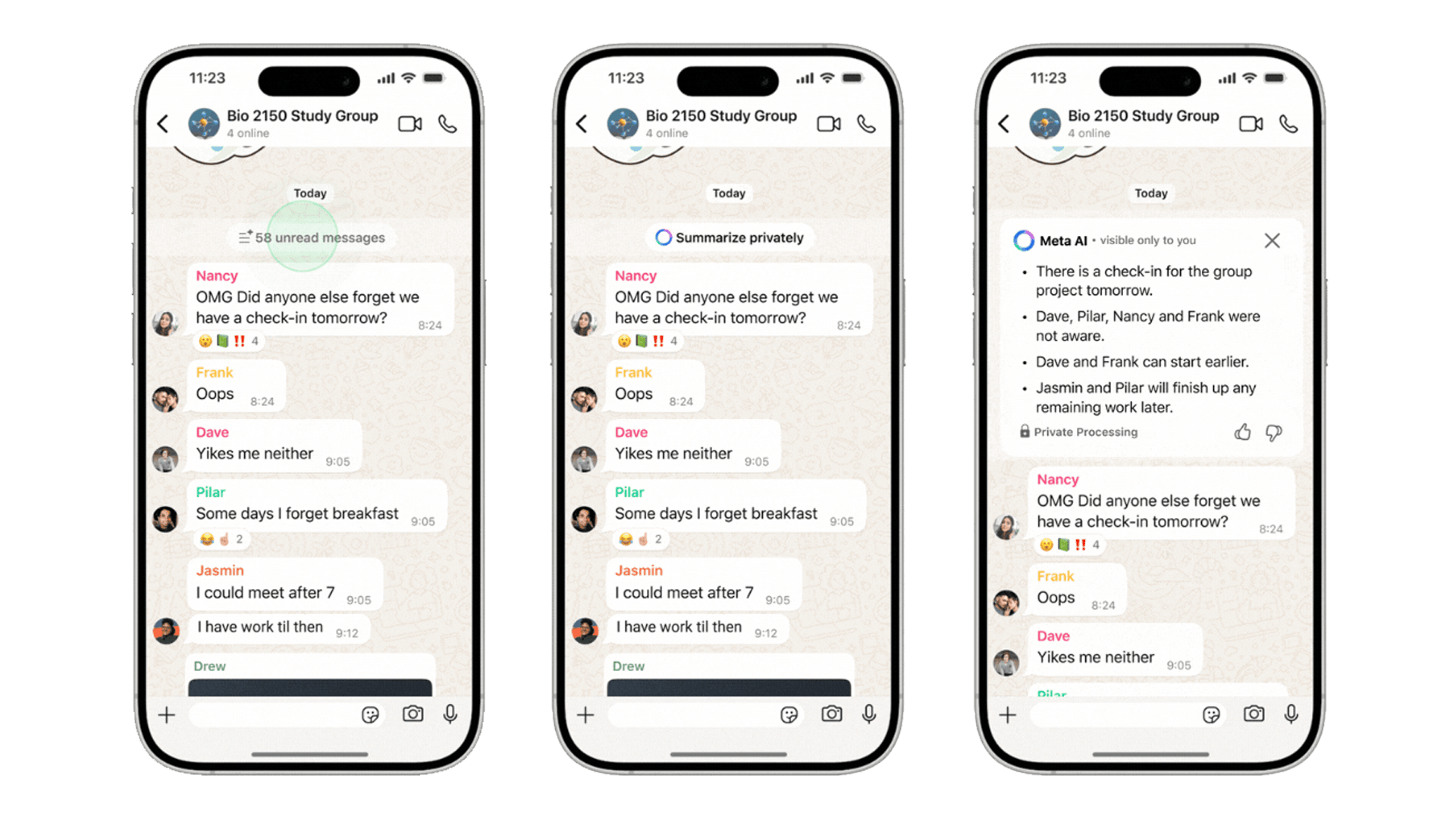 WhatsApp-Chat zeigt Nachrichten aus einer Studiengruppe mit dem Titel 'Bio 2150 Study Group', in der mehrere Teilnehmer Check-ins besprechen.