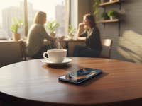 Ein Motorola Edge 60 Smartphone auf einem Holztisch mit einer dampfenden Tasse Kaffee und zwei Frauen, die im Hintergrund sprechen.