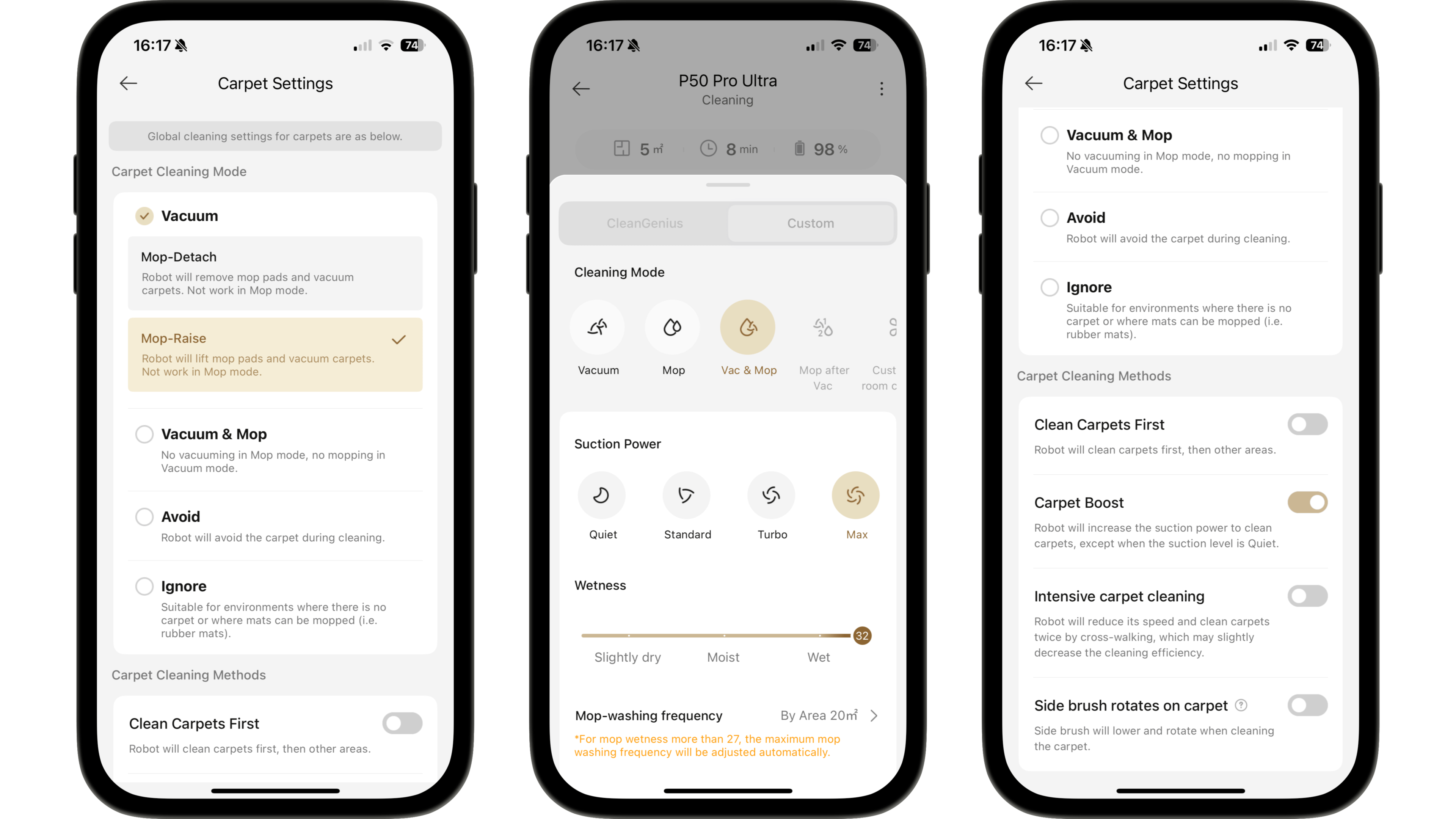 Drei Smartphone-Bildschirme zeigen die Teppichreinigungs-Einstellungen für den Mova P50 Pro Ultra.