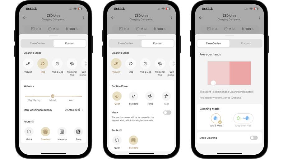 Drei Smartphone-Bildschirme zeigen die Benutzeroberfläche der Mova Z50 Ultra-App mit Reinigungsoptionen.