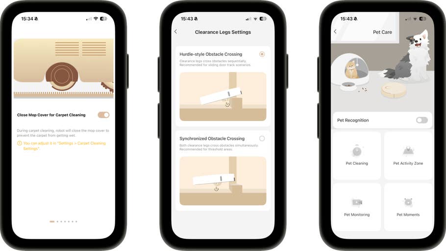 Drei Smartphone-Bildschirme zeigen Robotereinstellungen zur Reinigung und Optionen zur Pflege von Haustieren.