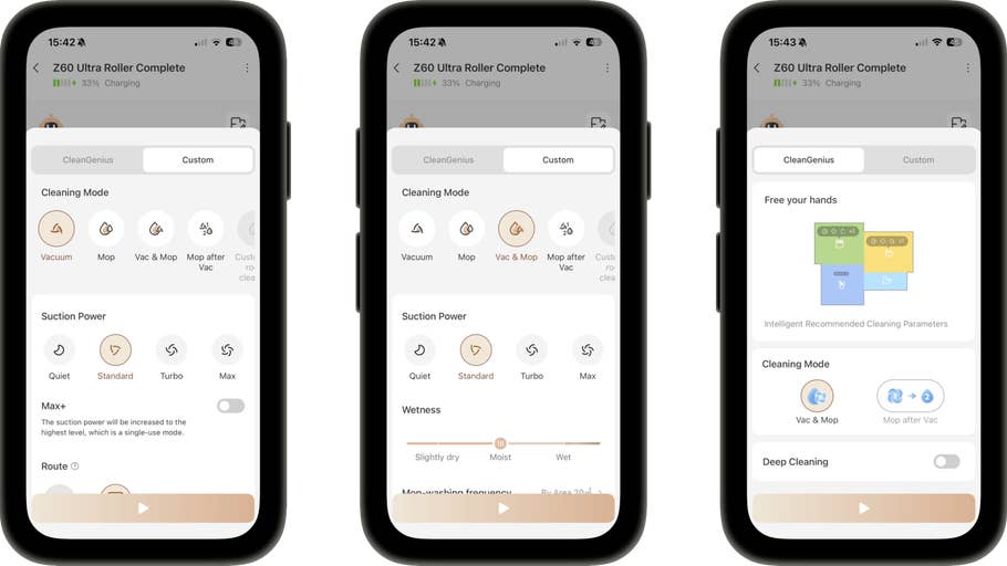 Drei Smartphone-Bildschirme zeigen die Benutzeroberfläche des Mova Z60 Ultra Roller Complete und Reinigungsmodi.