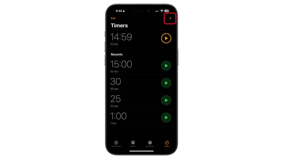 iPhone-Bildschirm, der die Timer-App mit mehreren aufgelisteten Timer-Optionen zeigt.