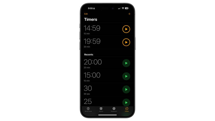 iPhone-Bildschirm zeigt die Timer-App mit verschiedenen Timer-Einstellungen und Optionen.