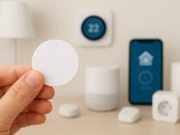 Eine Person hält einen weißen NFC-Aufkleber vor Smart-Home-Geräten und einem Telefon, das einen Startbildschirm anzeigt.