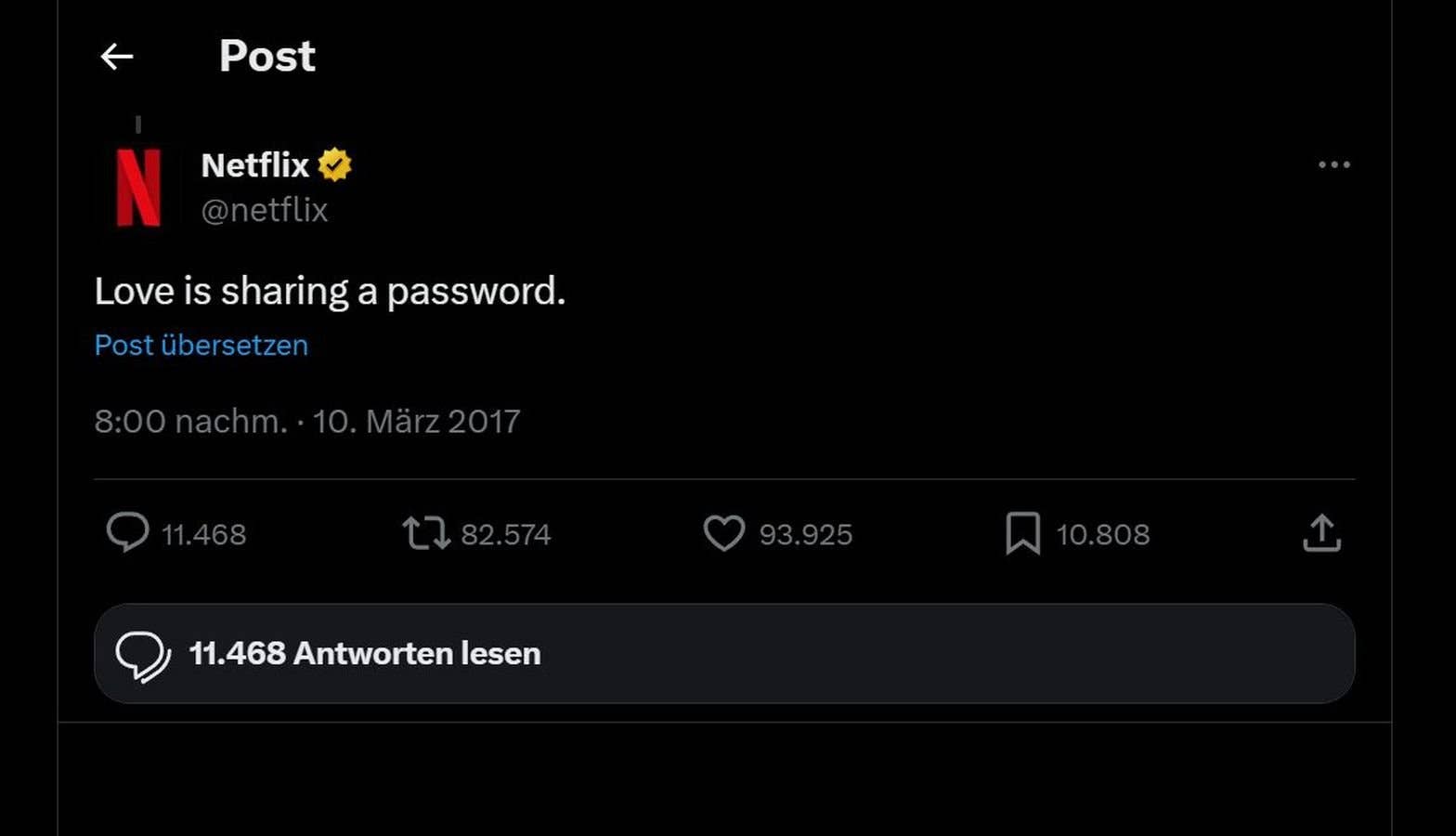 Twitter-Beitrag von Netflix: 'Liebe ist, ein Passwort zu teilen.' vom 10. März 2017.