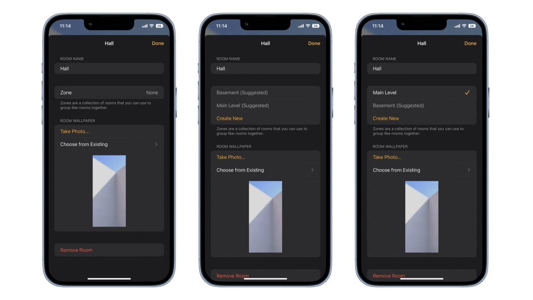 Screenshots die zeigen, wie man Zonen in der Home-App erstellen kann.