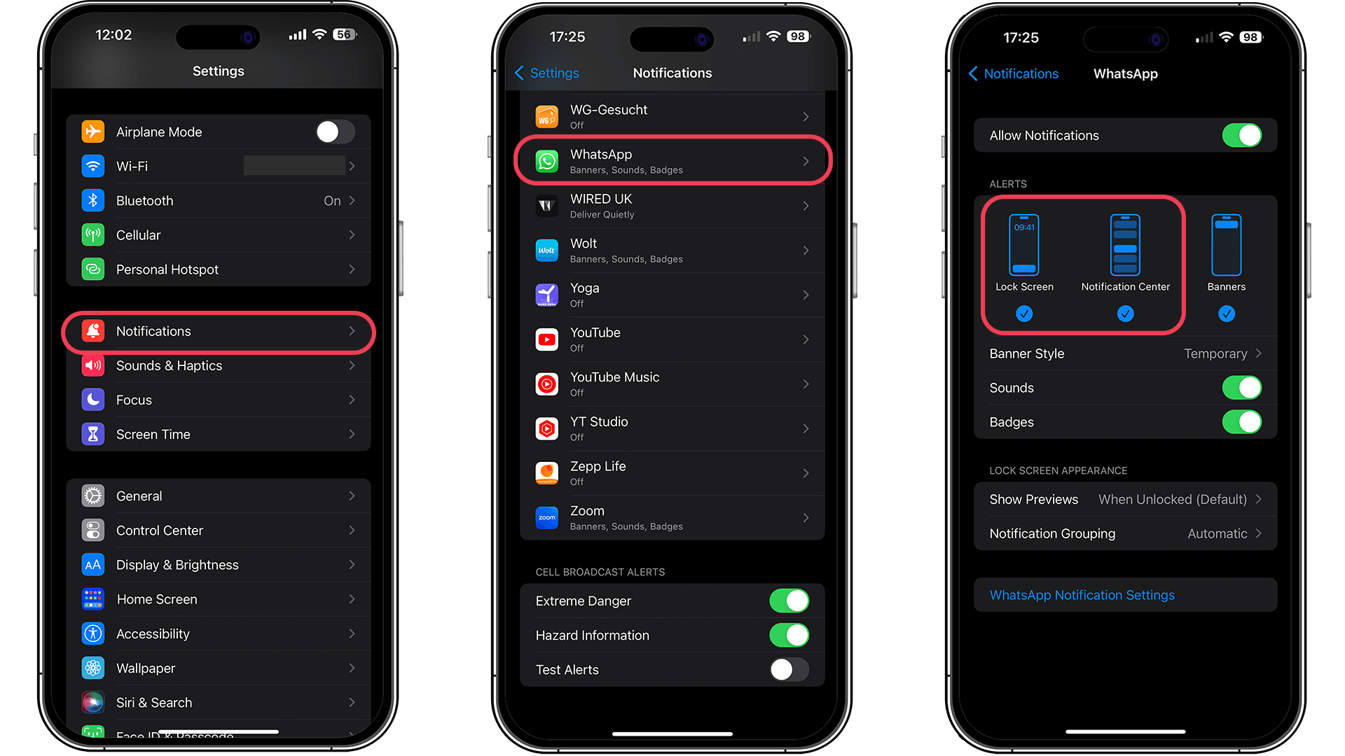 Screenshots eines iPhones, die die Benachrichtigungseinstellungen von WhatsApp zeigen.