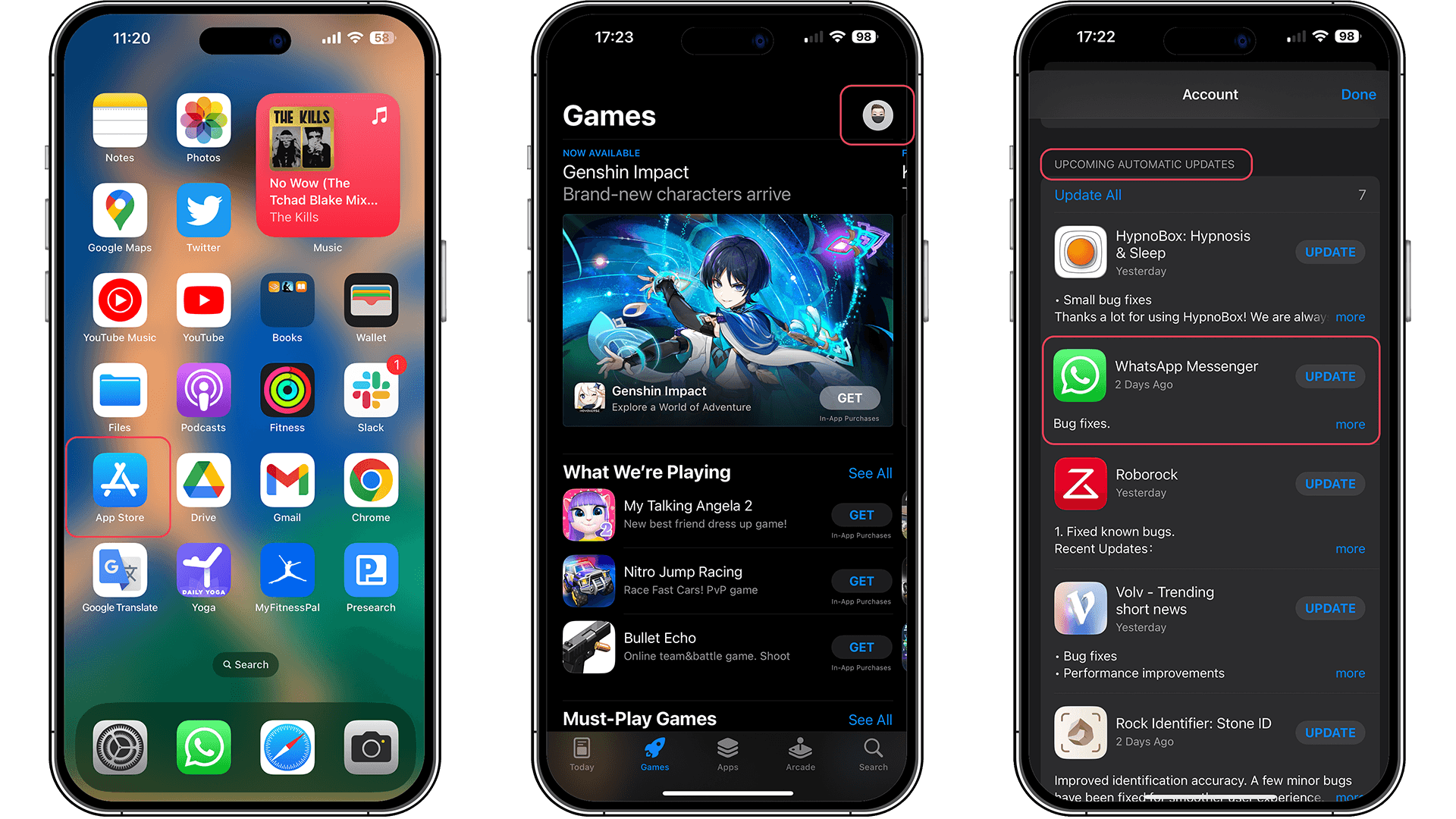 Drei iPhones, die die App-Store-, Spiele- und automatischen Updates-Abschnitte anzeigen.