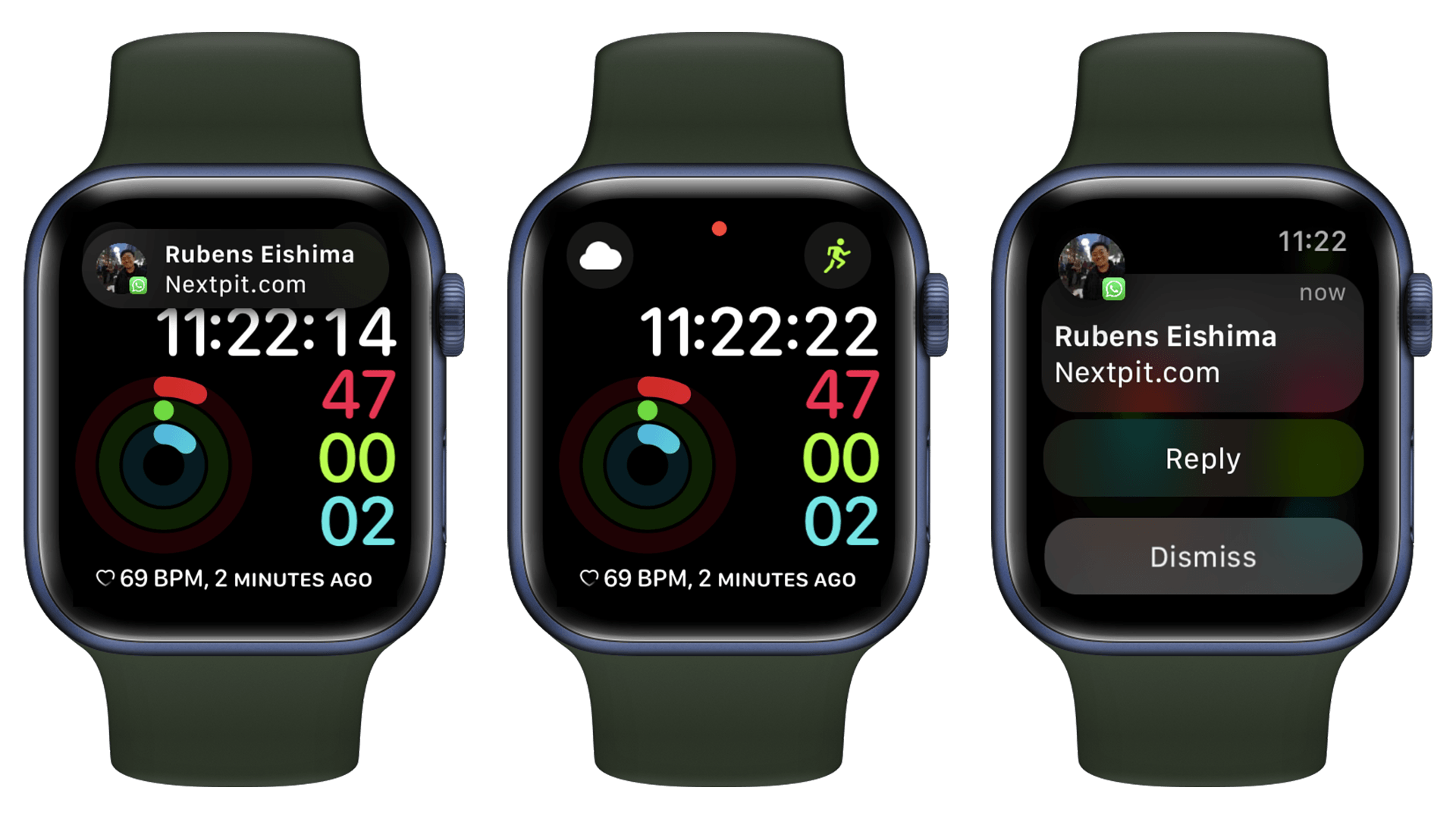 Apple Watch zeigt Uhrzeit, Herzfrequenz und Benachrichtigung von Rubens Eishima.