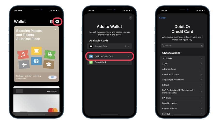 Sceenshots von der Apple-Pay-Einrichtung auf dem iPhone