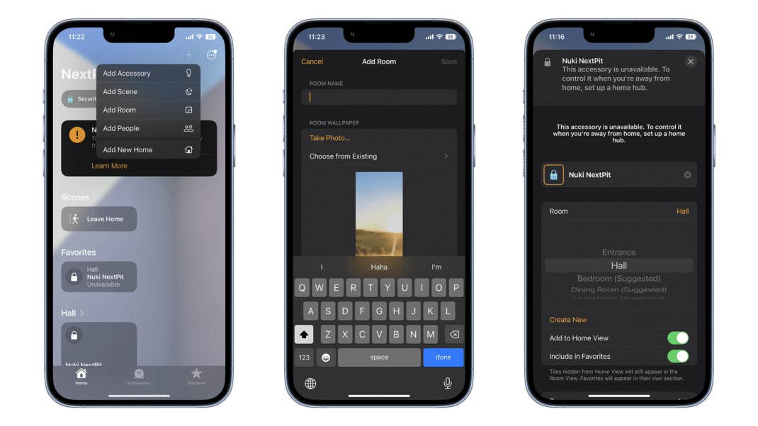Screenshots die zeigen, wie man Räume in der Apple-Home-App erstellen kann.