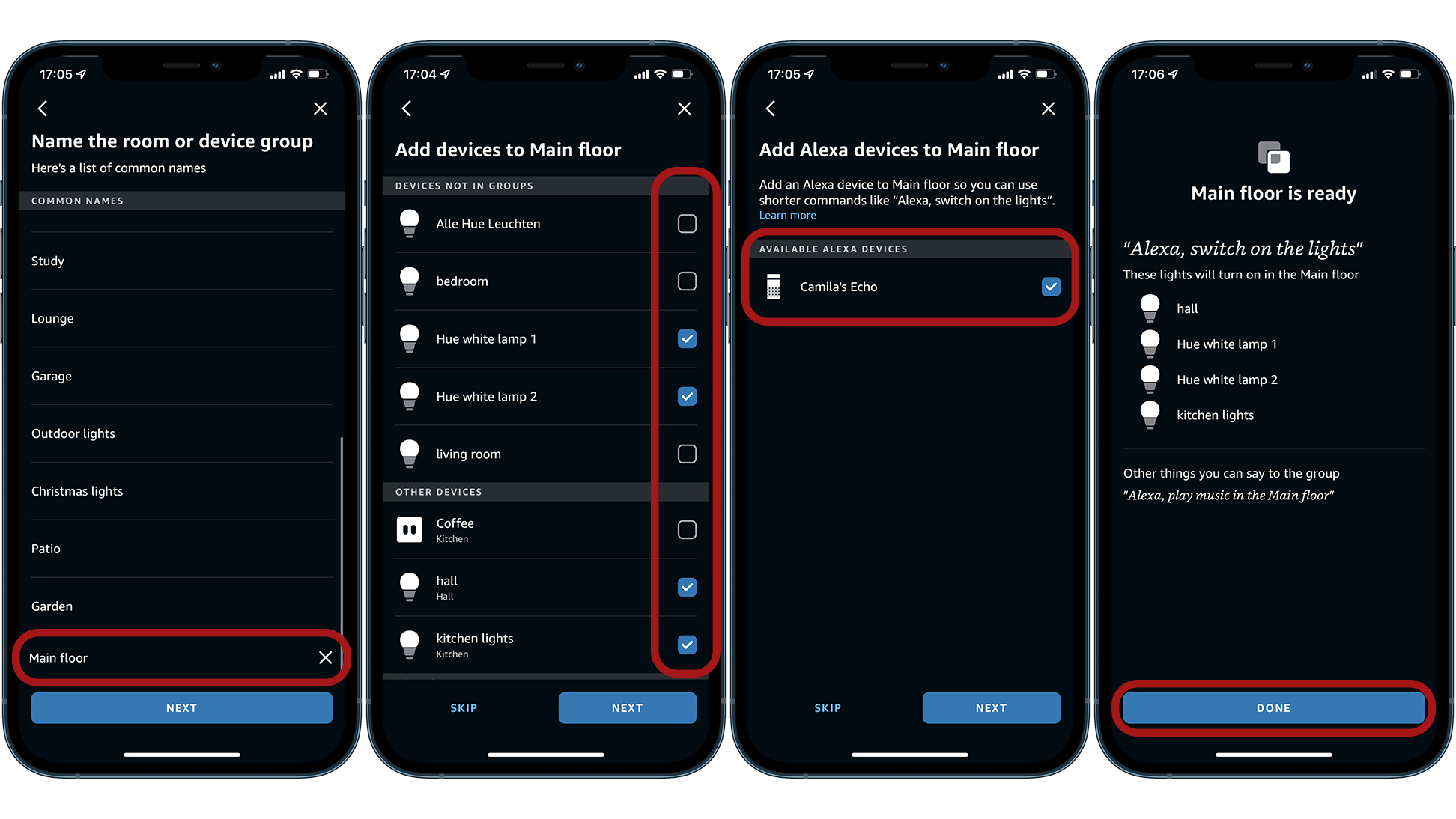 Screenshots showing how to set up light group using Alexa app