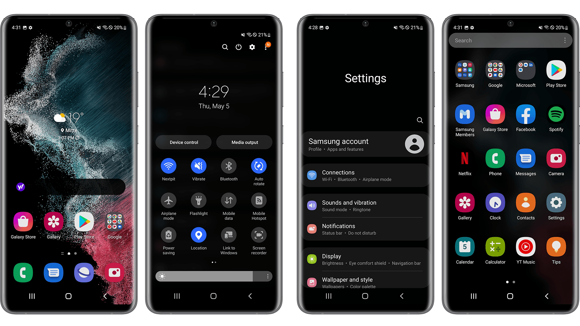 Screenshots displaying the Galaxy S22 Plus user interface characteristics