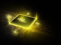 Nahaufnahme eines eSIM-Chips mit dem beleuchteten Text 'eSIM Technology' auf schwarzem Hintergrund.