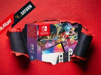 Nintendo Switch OLED-Box mit Mario Kart 8 Deluxe und Logos von Media Markt und Saturn.