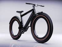 Ein elegantes Noll Go E-Bike mit einzigartigen runden Reifen und einem schwarzen Rahmen, vor einem hellen Hintergrund.