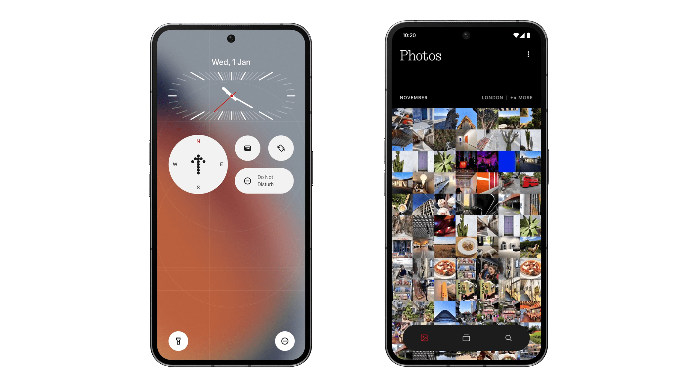 Zwei Smartphones zeigen die Benutzeroberfläche von Nothing OS 3.0 mit einer Uhr und einer Fotogalerie.
