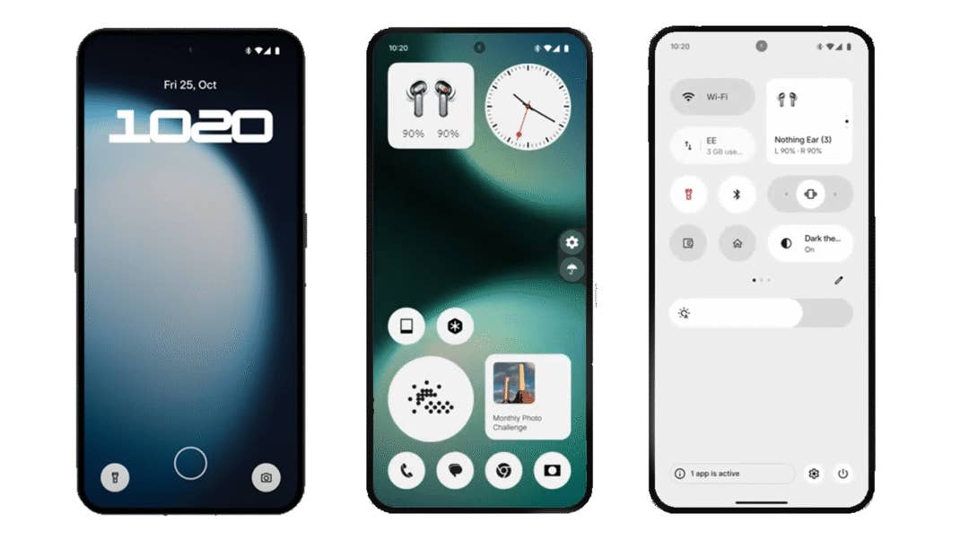Three smartphone screens showing Nothing OS 4.0 interface with time, battery, and app icons.