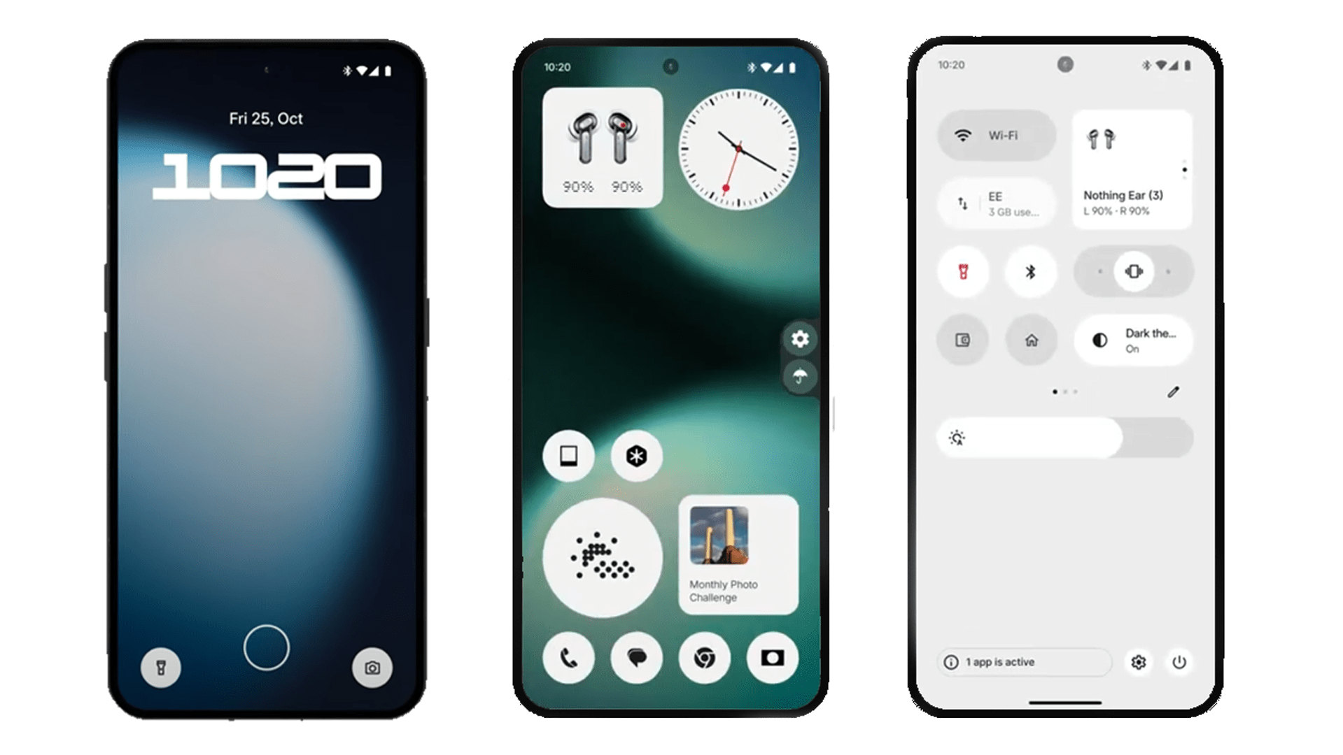 Drei Smartphone-Bildschirme mit der Benutzeroberfläche von Nothing OS 4.0, Zeit, Batterie und App-Symbolen.