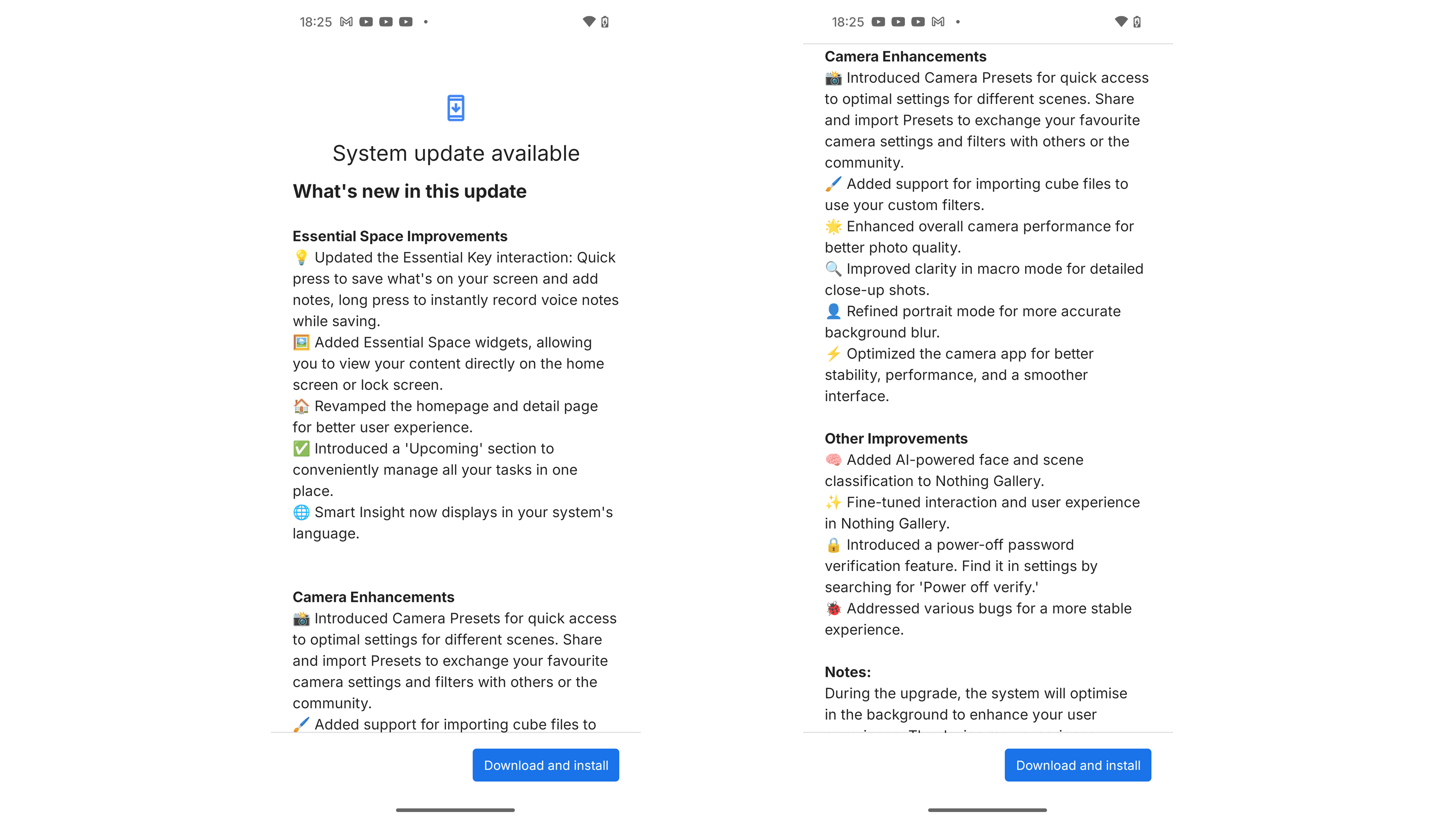 Systemaktualisierung verfügbar mit neuen Funktionen in Essential Space und Kamera-Updates.