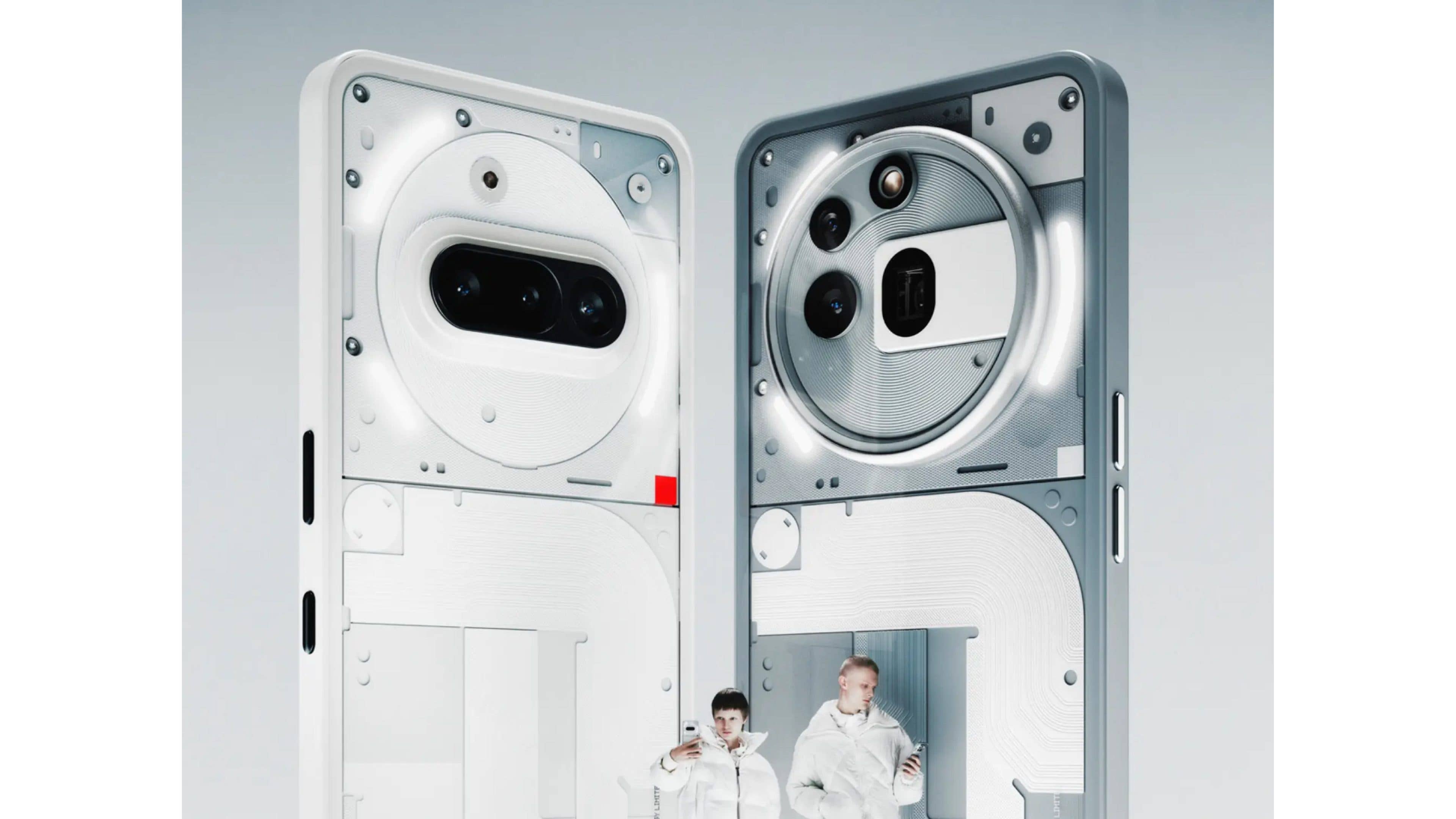 Ein Nothing 3a Telefon wird prominent angezeigt, während zwei Personen in weißen Outfits damit interagieren.