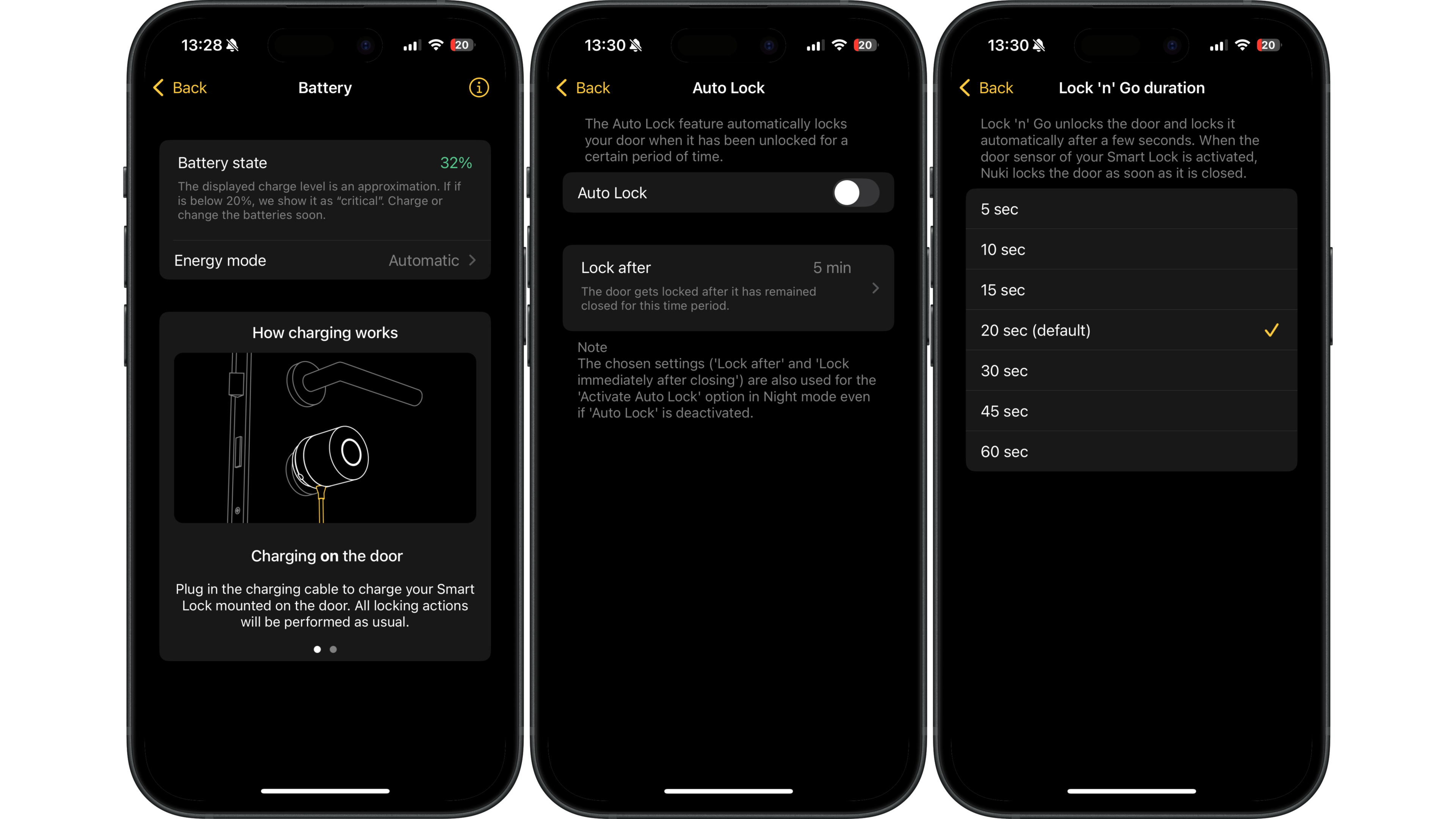 Drei Smartphone-Bildschirme, die Einstellungen für Nuki Smart Lock Pro 5.0 anzeigen: Batteriestatus, automatische Verriegelung und Verriegelungsdauer.