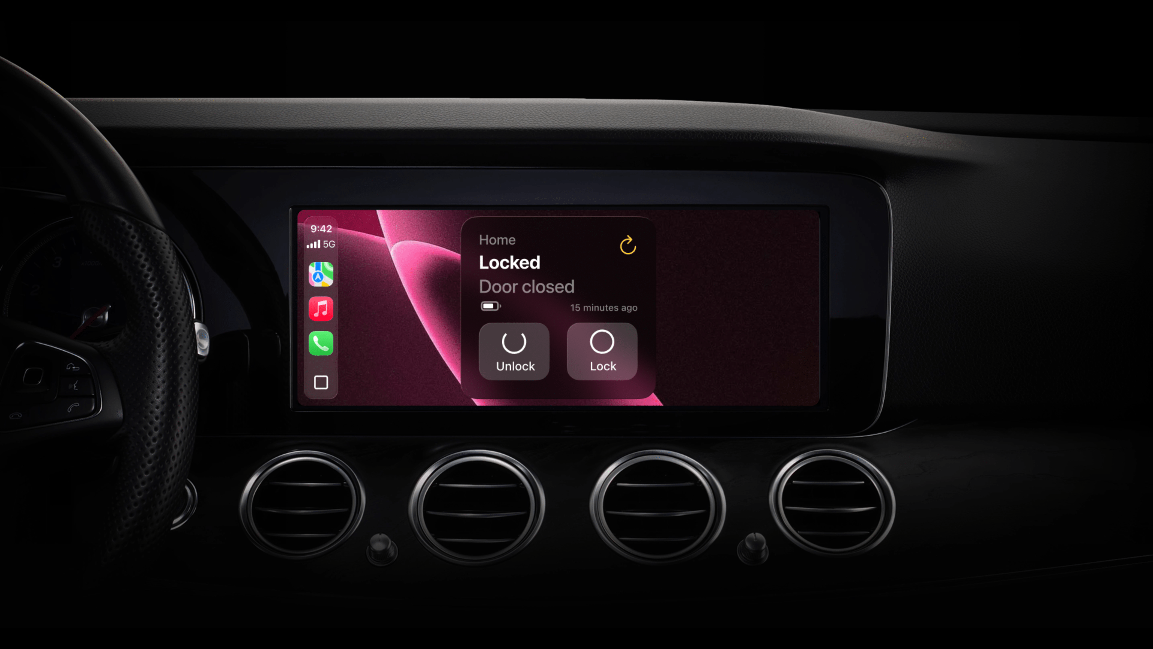 Armaturenbrett mit Nuki CarPlay-Schnittstelle, die Optionen zum Entriegeln oder Verriegeln der Tür anzeigt.