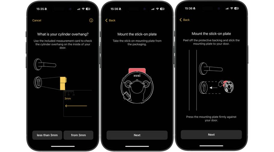Screenshots einer Einrichtung des Nuki Smart Lock Pro auf einem Smartphone.
