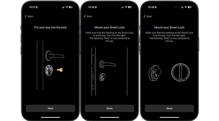 Bildschirme mit Einrichtungsschritten für die Installation des Nuki Smart Lock Pro